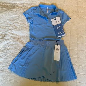 Alo Yoga NWT Tile Blue Set Aces Tennis Skirt Choice Polo and Glow Wristbands